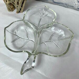 Vintage Clear Glass Leaf Shaped Divided Relish Dish